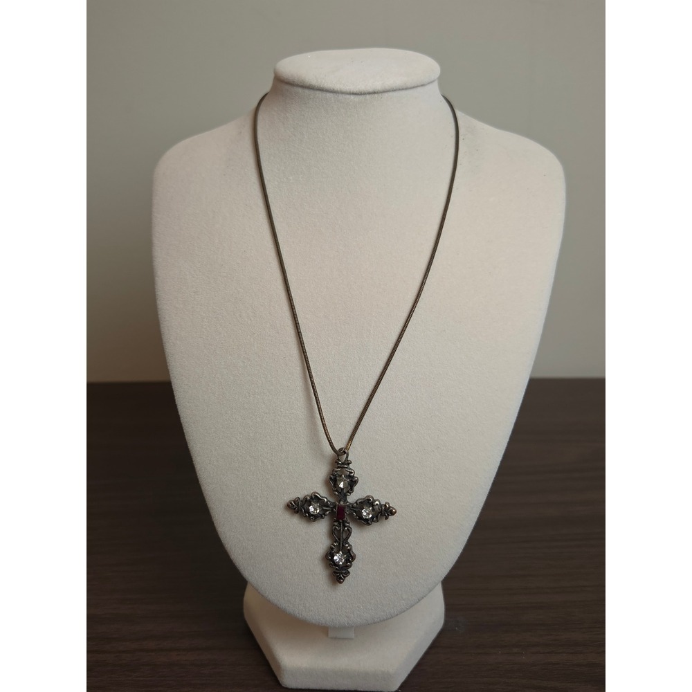 Vintage Gothic Cross Necklace Bronze Tone Red Rhinestone Crystal Pendant 19 In